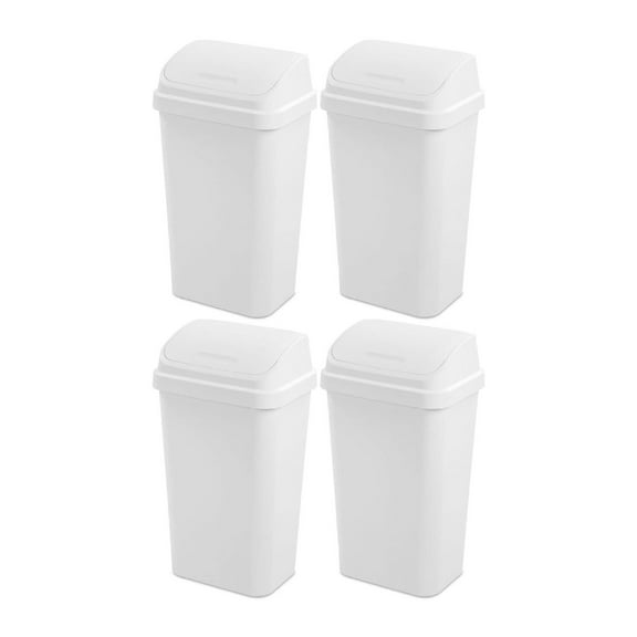13 Gallon Plastic Swing Top Spave Saving Flat Side Lidded Wastebasket Trash Can for Kitchen, Garage, or Workspace, White (4 Pack)