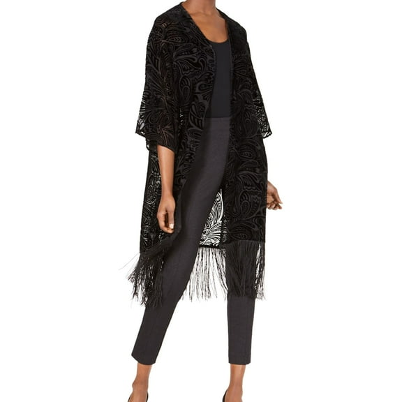 Anne Klein Womens Fringed Shawl Sweater, Black, Small