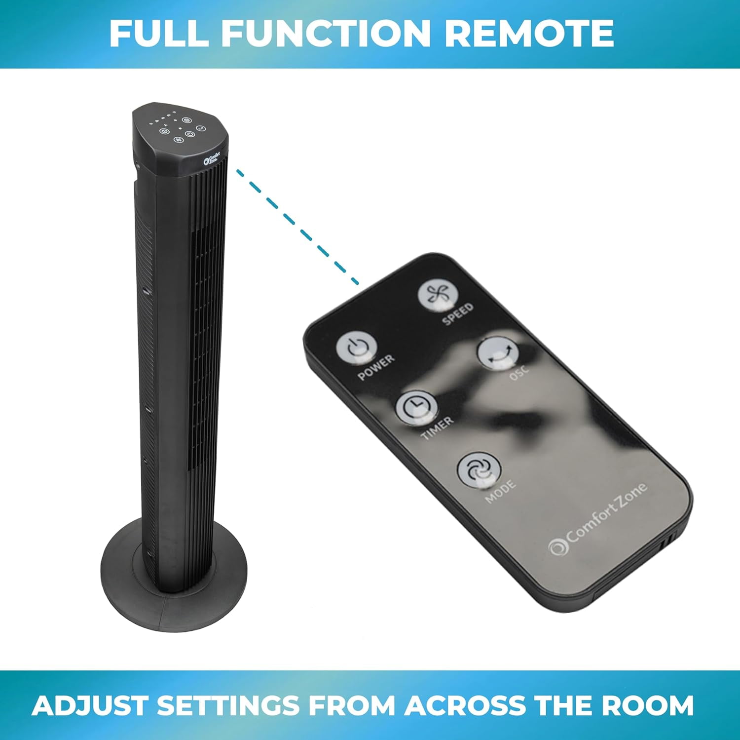 Comfort Zone 40" Tower Fan with Remote Control, 15H Timer, Black
