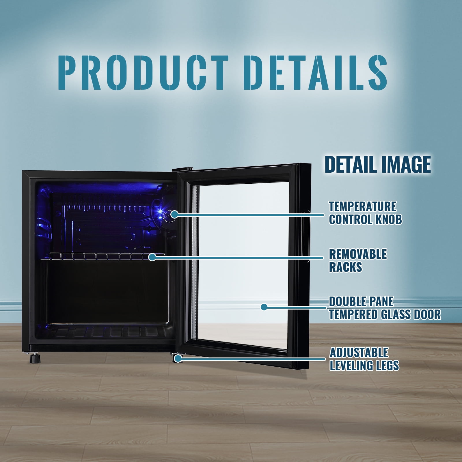 WANAI Beverage Refrigerator Cooler 1.7 Cu.ft Beer Fridge with Glass Door LED Light Adjustable Shelf