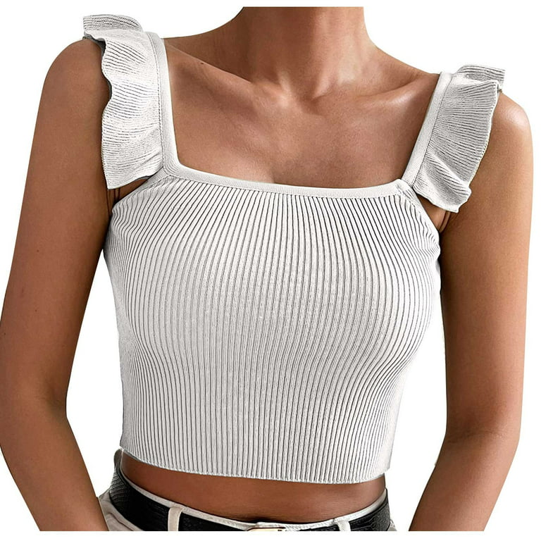 RYRJJ Cute Crop Tops for Women Tank Tops Ribbed Knit Ruffle Strap Square  Neck Stretchy Slim Fit Shirts Womens Trendy Going Out Preppy Tops White M 