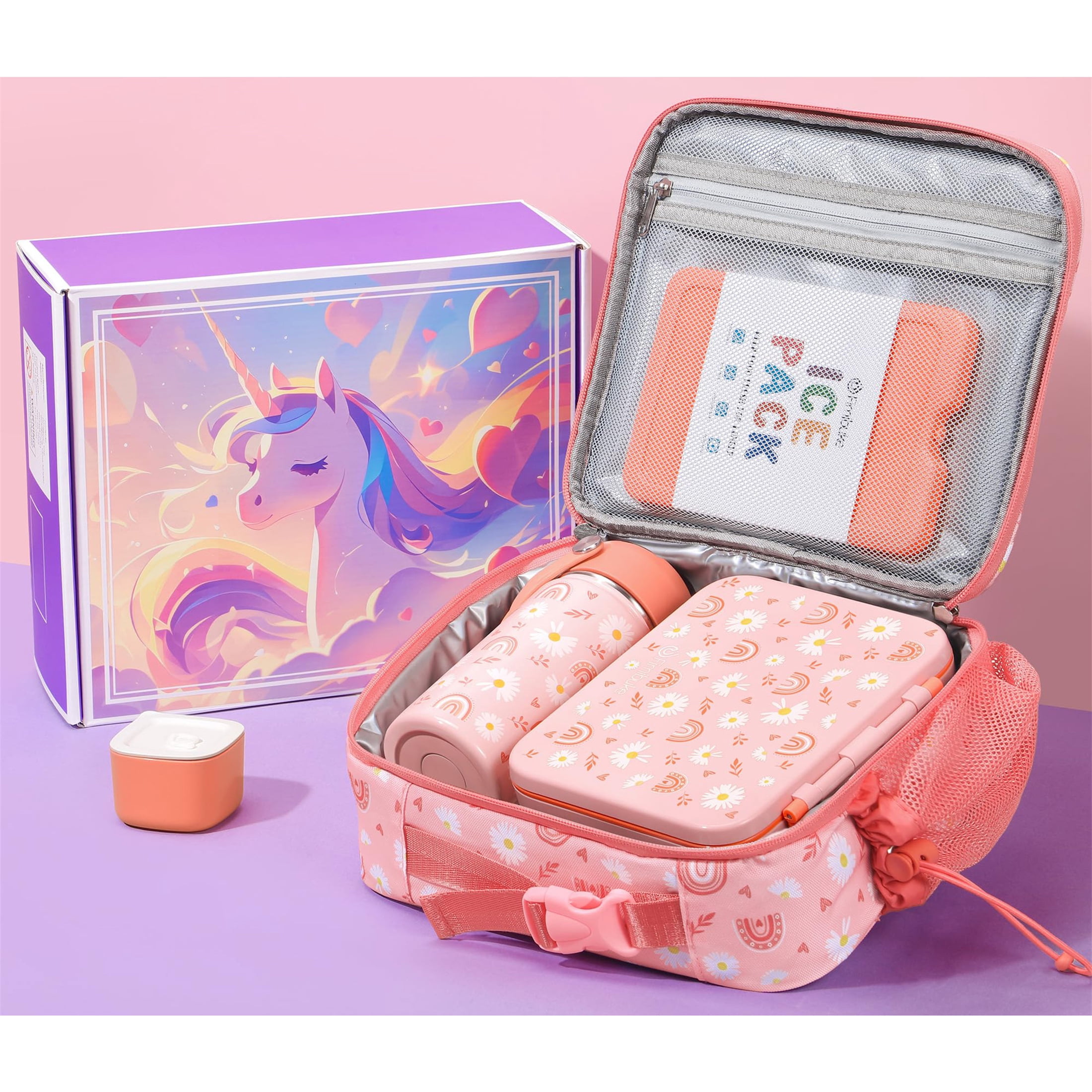 Bento Lunch Box Set - Snack Bento Box Container with 3 Compartments, Stainless Steel Water Bottle, Insulated Lunch Bag, Sauce Cup, Ice Pack Set (Rainbow & Daisy)