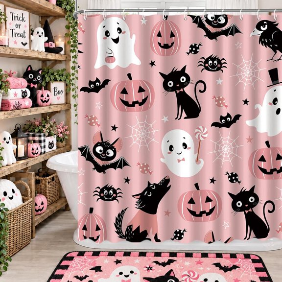 Pink Halloween Shower Curtain Cute Ghost Black Cat Pumpkin Bat Spider Spooky Bathroom Decor Fabric Waterproof 71x71 inches