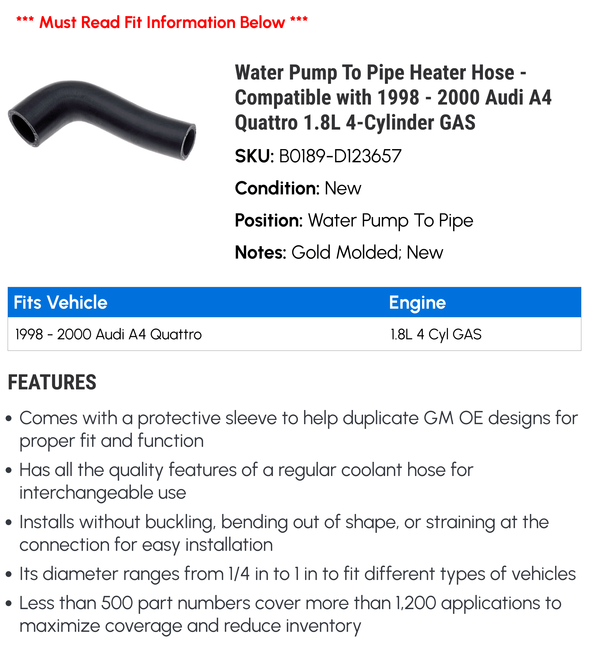 Water Pump To Pipe Heater Hose - Compatible with 1998 - 2000 Audi A4 Quattro 1.8L 4-Cylinder GAS - AC Delco