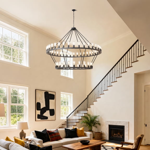 Newest 59” Farmhouse 54-Light Wagon Wheel Chandelier, Black Iron for Cathedral Ceilings & Grand Entryway