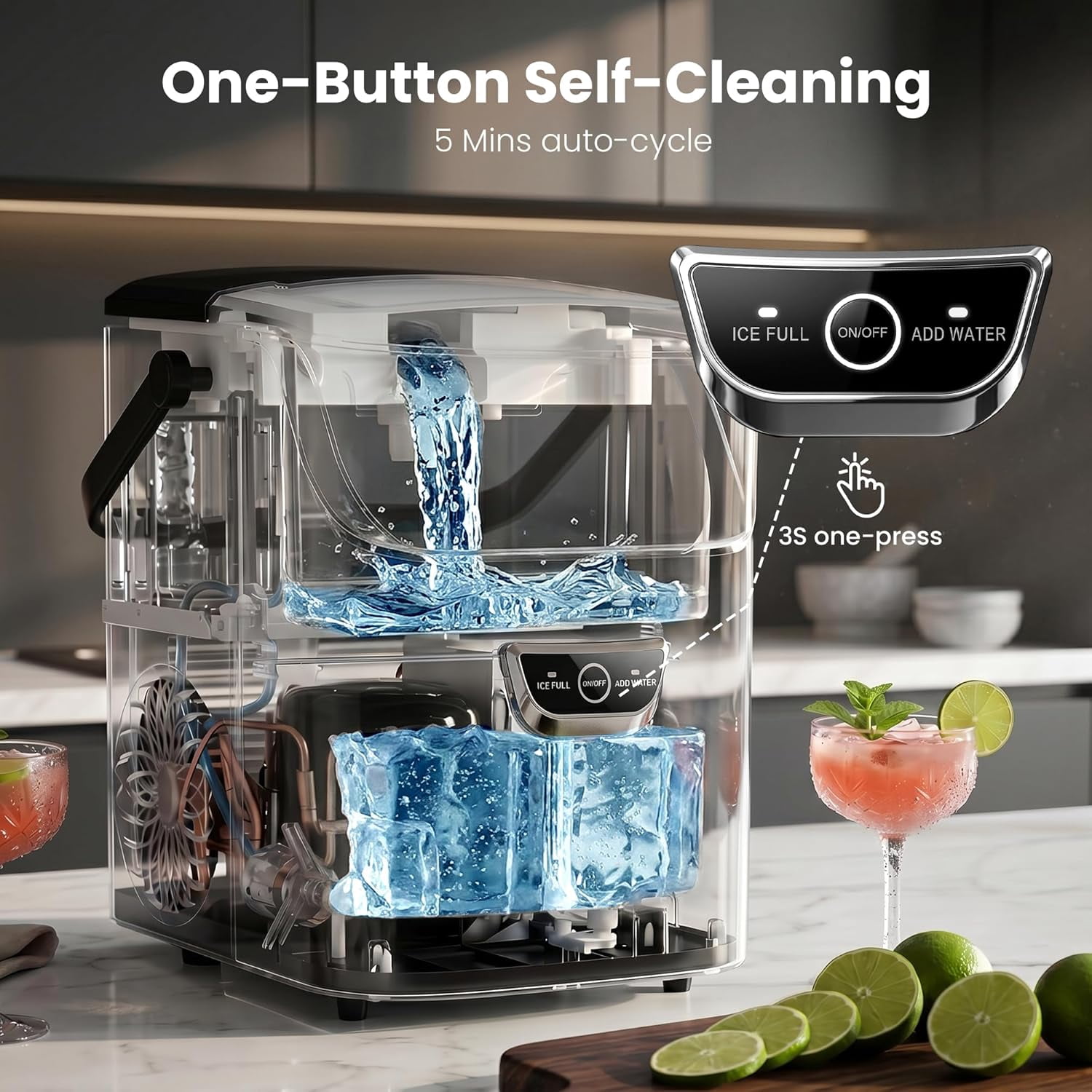 Auseo Nugget Ice Maker Countertop , 35lbs/24H, Crushed Ice Ready in 5 Mins ,Self-Cleaning, Ice Basket & Ice Shovel & Handle, for Home/Office/Party, Black