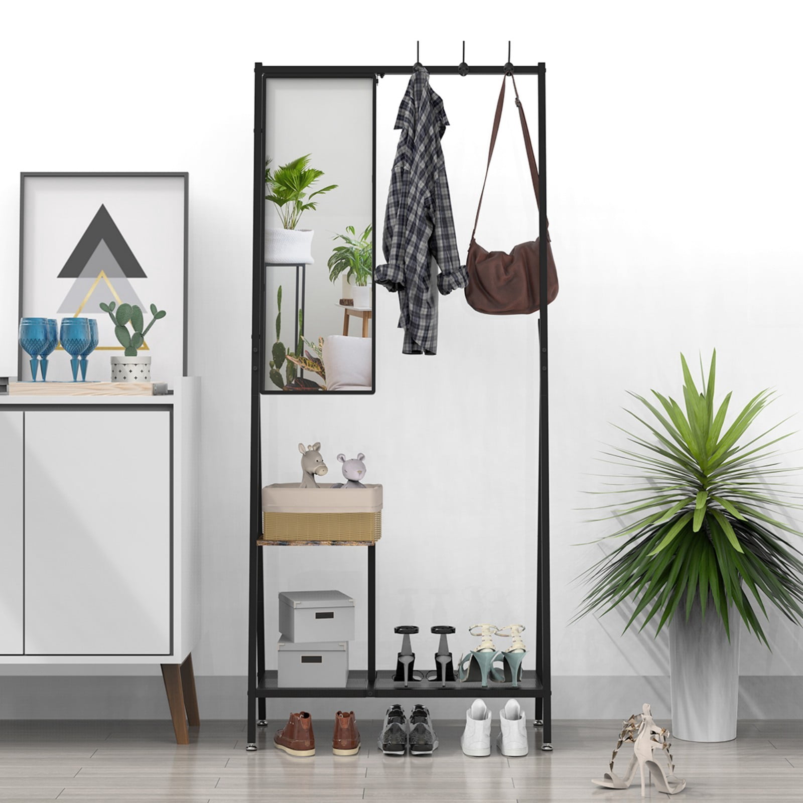 Industrial Coat Rack with Mirror, Multifunctional Wall Mounted Hall Tree with Shoe Storage & Hooks, Space-Saving Entryway Organizer for Living Room Bedroom Hallway, Rustic Brown & Black