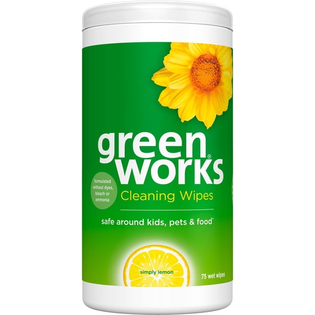 Container of Green Works Cleaning Wipes in simply lemon scent, safe around kids, pets, and food