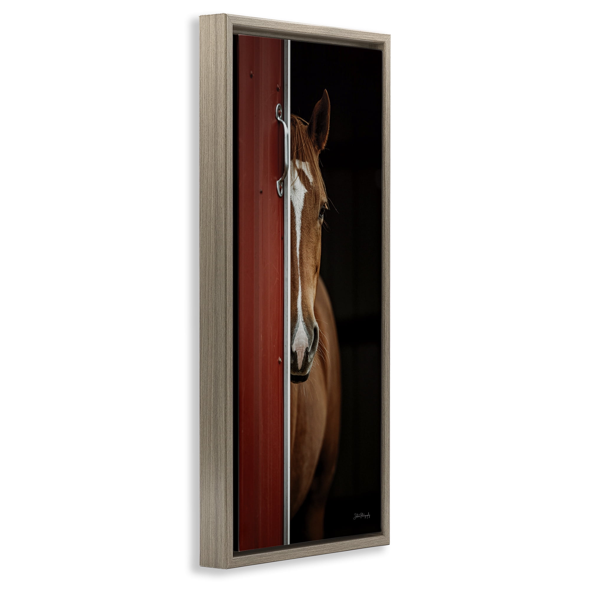 Stupell Industries Brown Stallion Peeking Animals & Insects Photography Brown Floater Framed Canvas Art Print Wall Art, 11 x 25