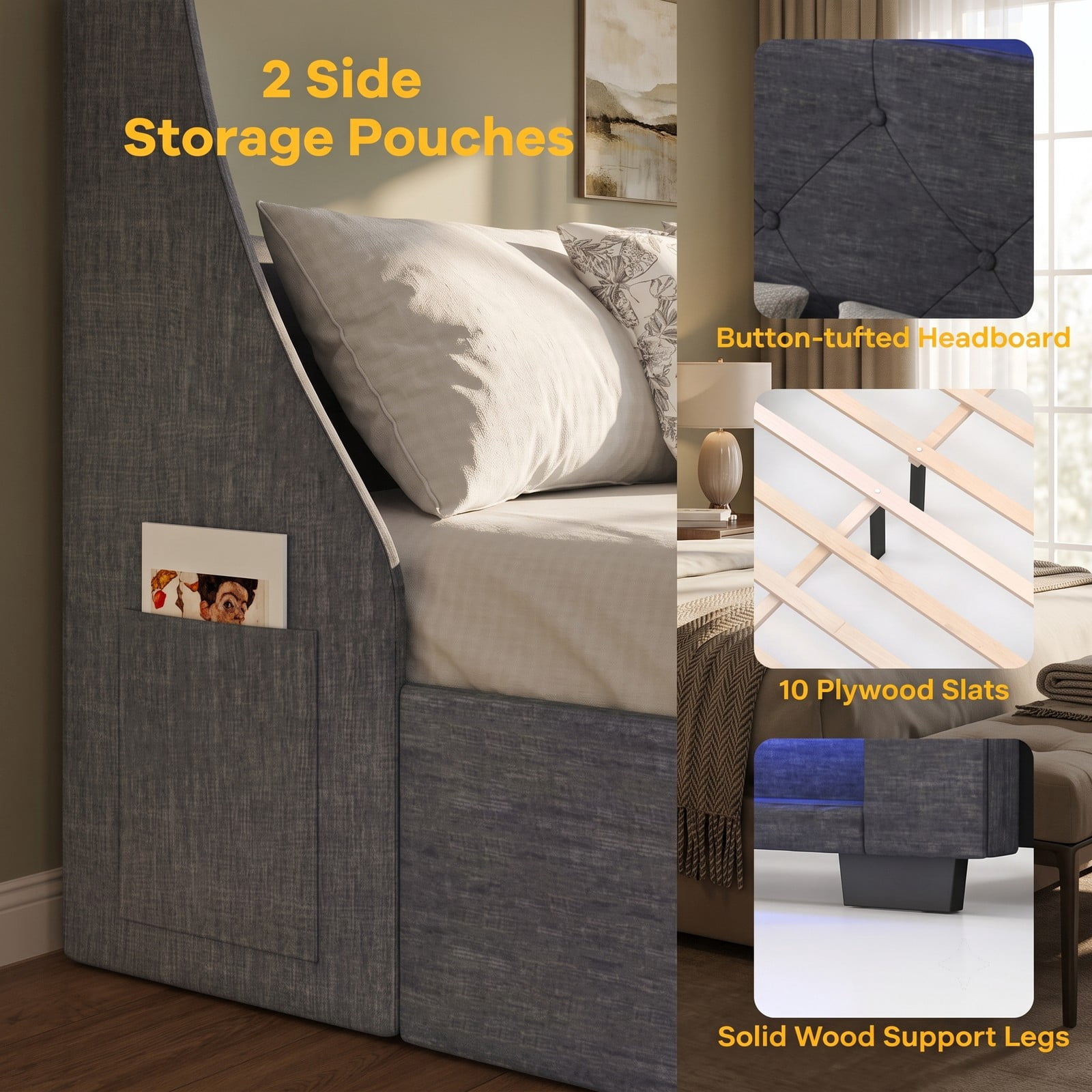 Furnibear Queen Bed Frame Upholstered Platform Bed with LED Lights and Charging Station and 4 Drawers for Bedroom, Gray