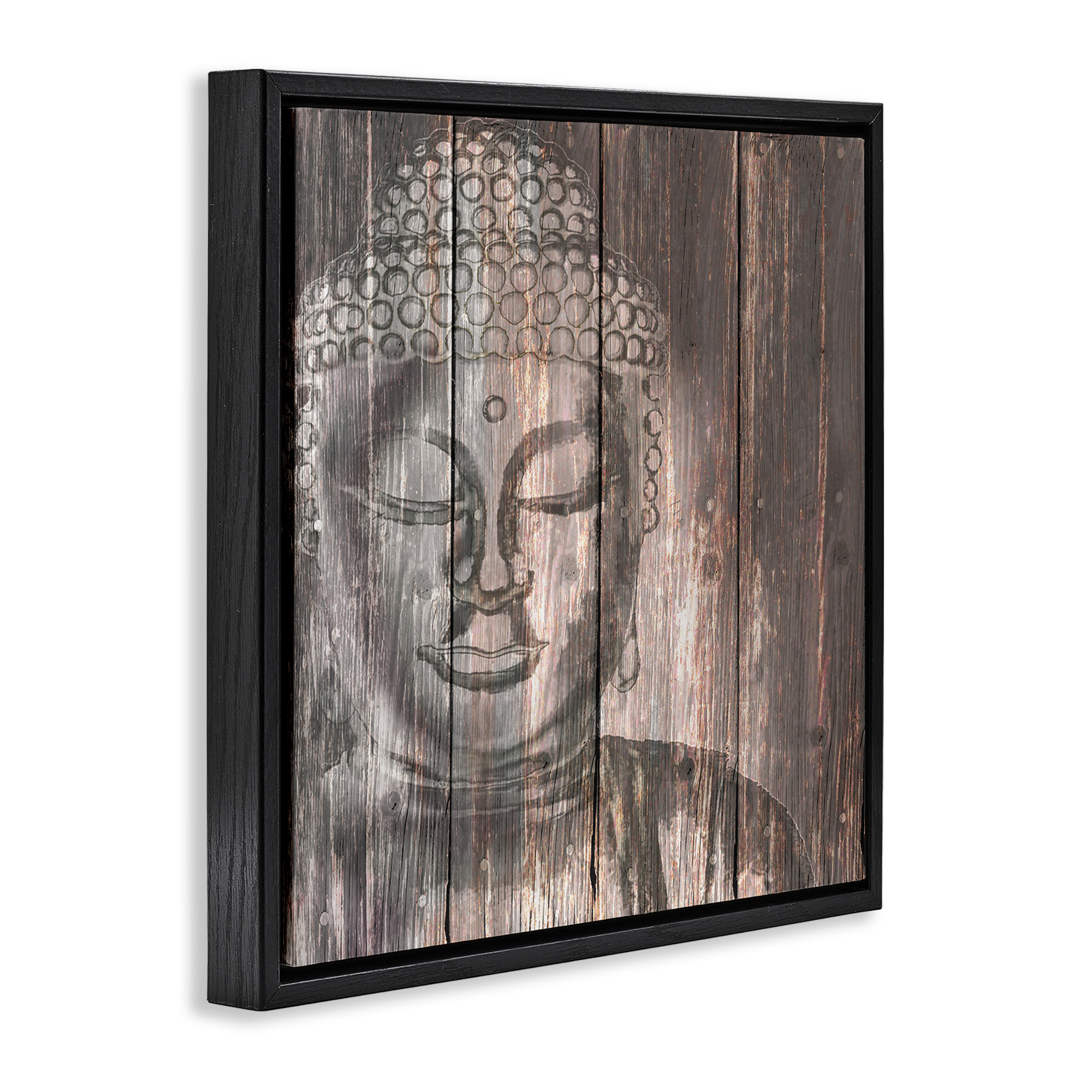 Stupell Industries Rustic Buddha Face Religious & Spiritual Painting Black Floater Framed Canvas Art Print Wall Art, 25 x 25