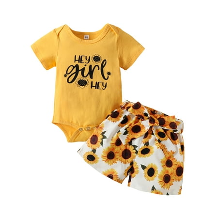 

Licupiee 2PCS Newborn Baby Summer Outfits Letter Print Short Sleeve Romper+ Starfish/ Sunflower/ Striped Shorts