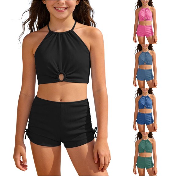 ZXLBBD Girls Bathing Suit Halter Neck Hollow Design Solid Color Tankini Top and Shorts 2 Piece Swimwear Summer Vacation Outfit Casual Beach Outdoor,Black,12 Y-13 Y