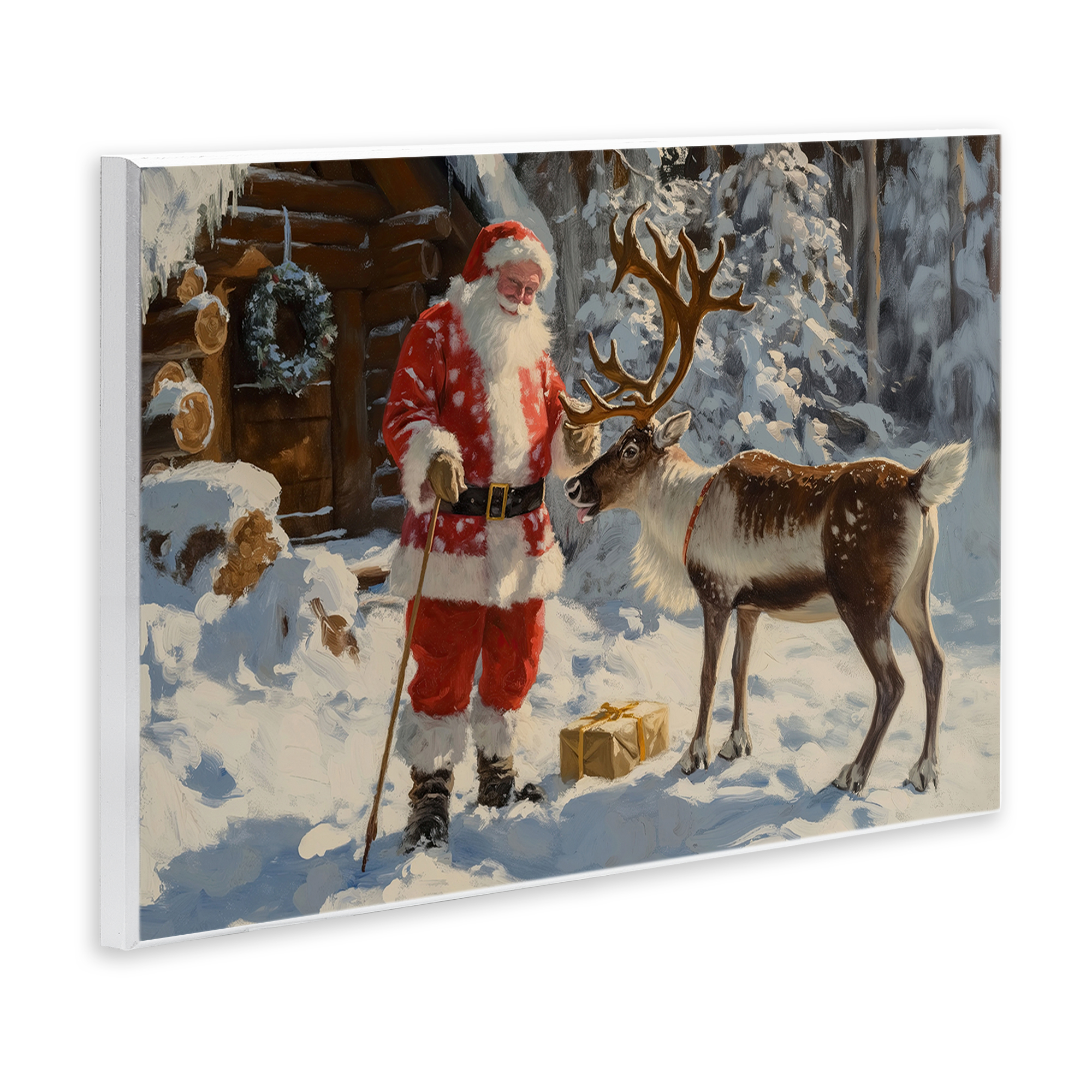 Stupell Industries Santa with Reindeer Scene Holiday Painting Unframed Art Prints Wall Art, 19 x 13