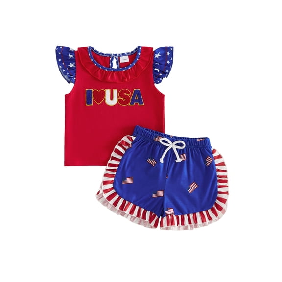 BemeyourBBs Toddler Baby Girl 4th of July Outfit Patriot Independent Day Summer Clothes I Love USA Letter Embroidery Fly Sleeves Shirt Tops Star-Stripe Ruffled Shorts Set Baby Fourth of July Outfit