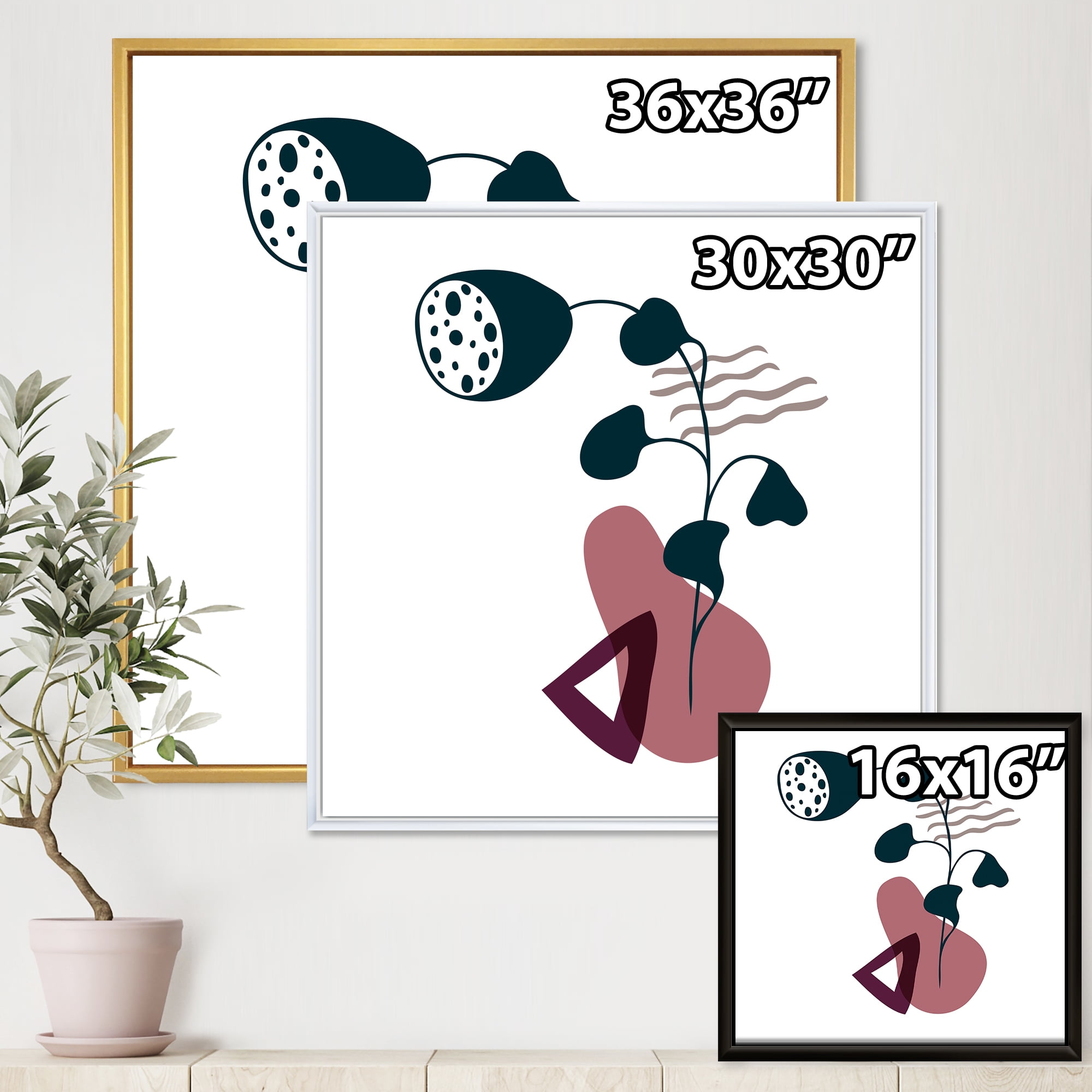 Designart 'Abstract Flowers Plants With Elementary Shapes V' Modern Framed Canvas Wall Art Print