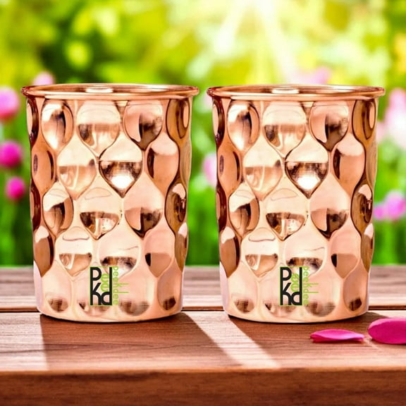 Peekdee Set of 2 Copper Diamond Glass Handcrafted 300 ml Pure Ayurveda Tumbler For Health Benefits