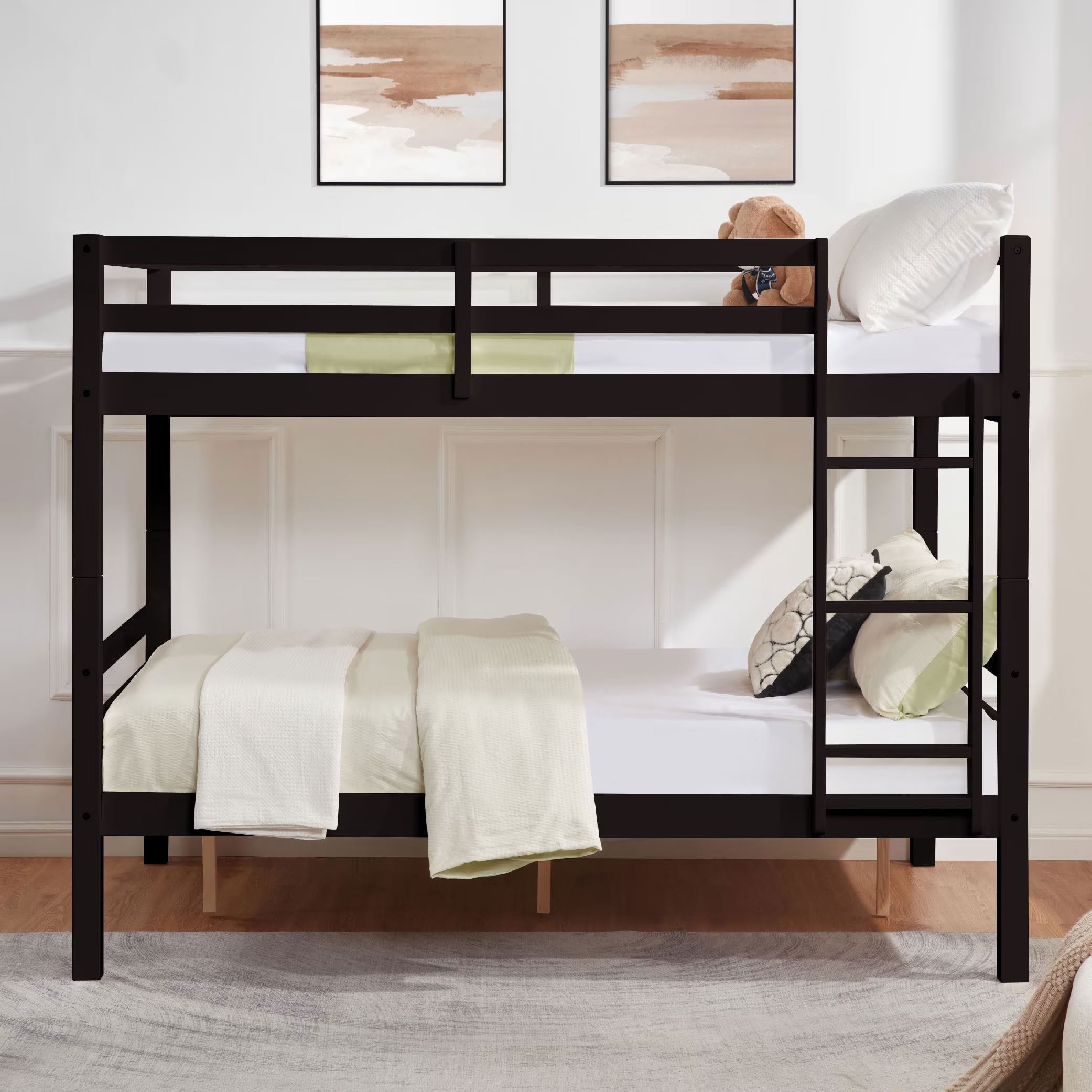 MAYEERTY Full over Full Bunk Bed with Thick Posts, Solid Wood Bed Frame with High Guardrail and Ladder, for Kids Teens Dorm Rooms, No Box Spring Needed