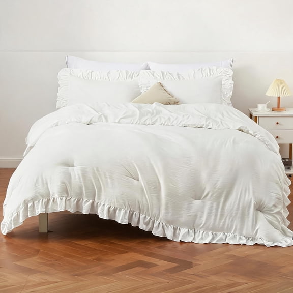 TEQIN Bedding Comforters Set,Ruffled Comforter Set With Pillow Sham,Soft Washed Microfiber Lightweight & Fluffy All-Season Bedding Comforter With Vintage French Country Style