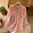 thumbnail image 2 of VNKIDY Womens V Neck Three Quarter Sleeve Floral Print Blouse With Embroidery Knot Button Closure Loose Fit Breathable For Casual Wear Soft Top, 2 of 8