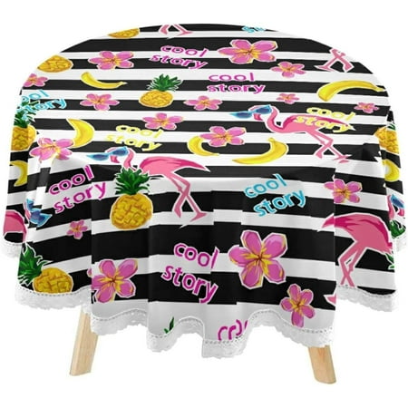 SKYSONIC Summer Flamingo Pineapps Round Tablecloth 60inch Indoor Wrinkle Free, Black and White Circular Lace Table Cover Washable for Kitchen Party BBQ Dining Decor