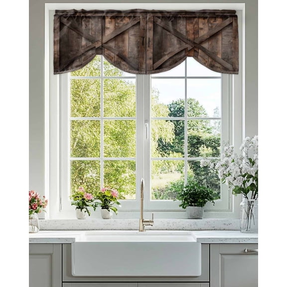 Farmhouse Tie Up Valances Curtain, Adjustable Kitchen Brown Country Style Barn Door Distressed Wood Grain Valances for Windows Decor, Rod Pocket Short Curtains Set for Bedroom/Bathroom, 60"x18"