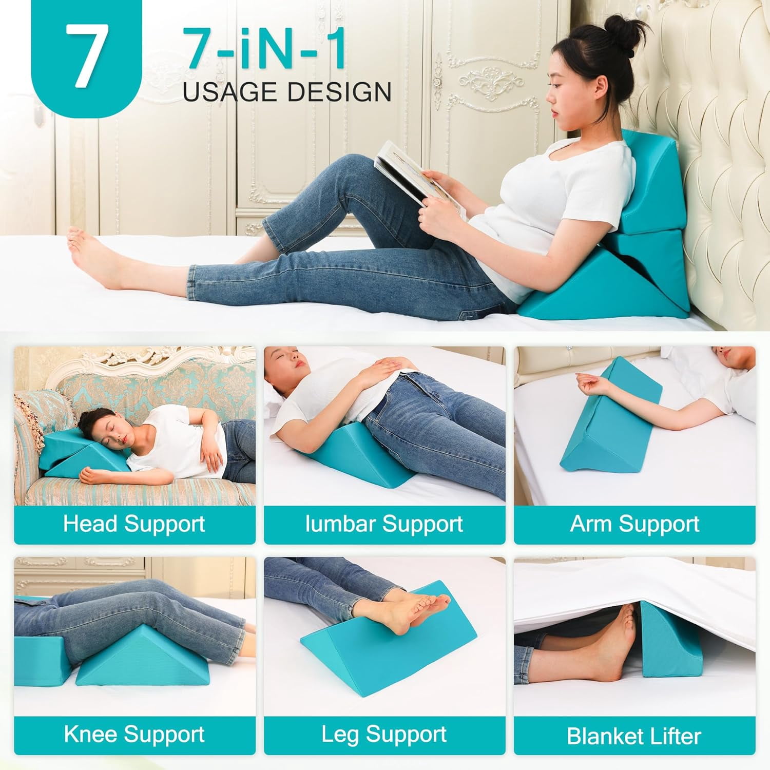 3-in-1 Side Wedge Pillow,Wedge Pillow for Back Pain Relief,Foam Wedges for Positioning in Bed,Positioning Wedges for Bed Sores,for Seniors,Caregivers,Side Sleepers,After Surgery,Green