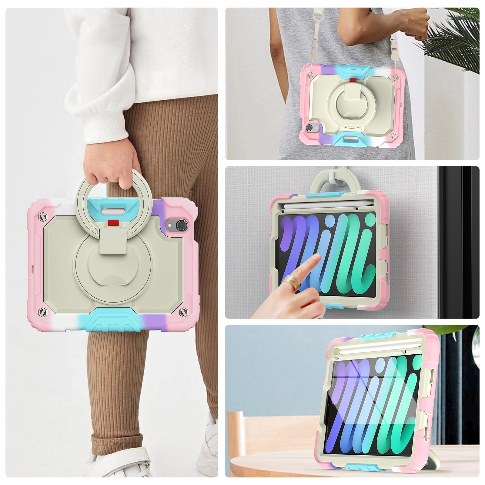 Allytechgroup Screen Protector Case for Apple iPad mini 7th Gen/ 6th Gen 8.3 Inch, Heavy Duty Protective Build-in Pencil Holder Handle Stand Rugged Bumper Case Kids Friendly for iPad mini 6 7, Pink