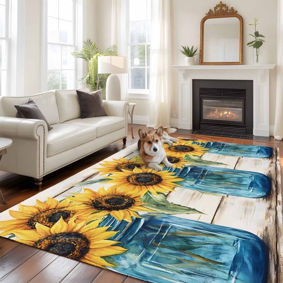 5'x8' Area Rugs, Sunflower Indoor Outdoor Area Rug for Living Room Bedroom, Blue Bottle Yellow Floral Country Woodgrain Washable Bathroom Rugs Kitchen Floor Carpet Mats Home Decor Aesthetic