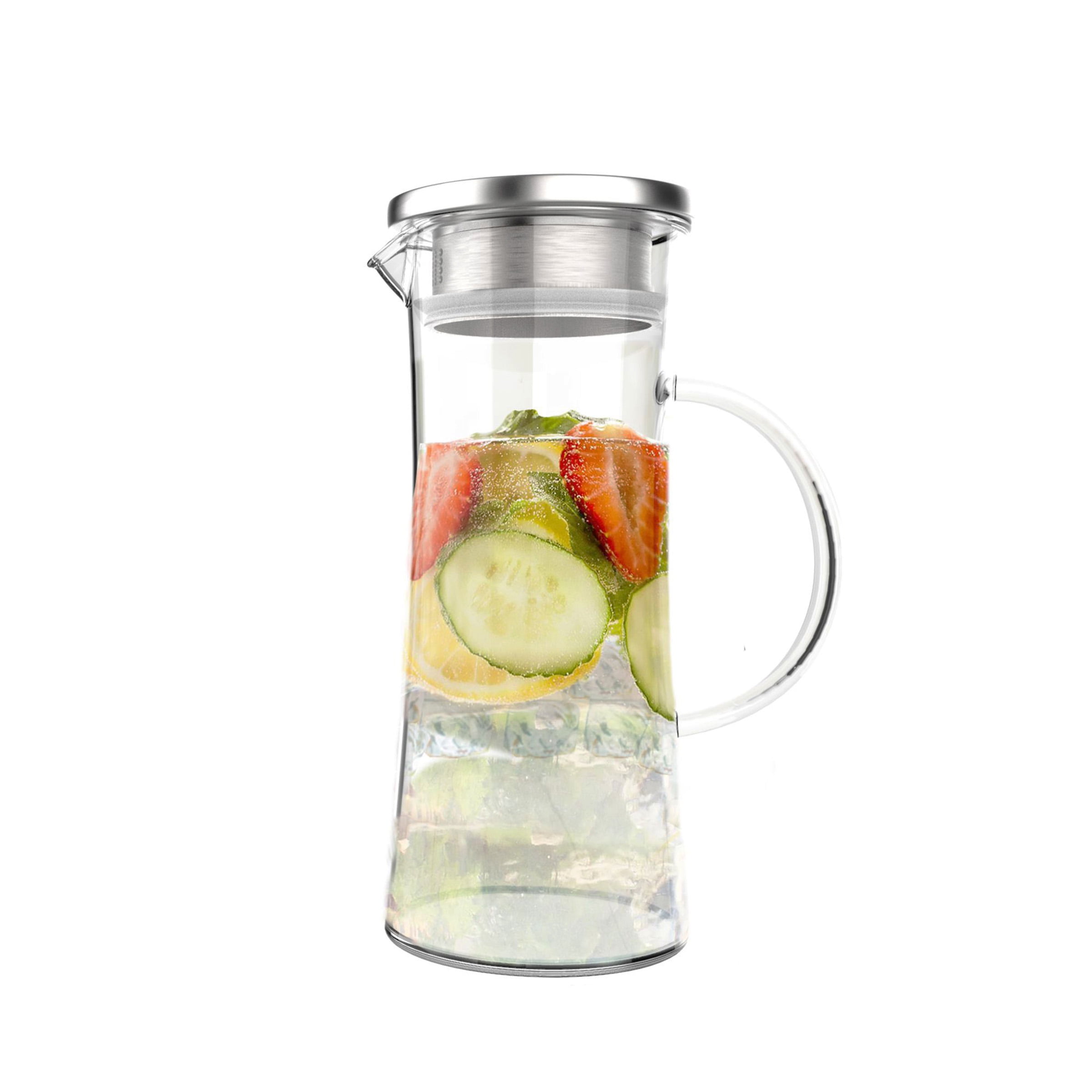 Stunning Clear Glass Pitcher Stainless Steel Lid Ergonomics Water Ice Tea Carafe 