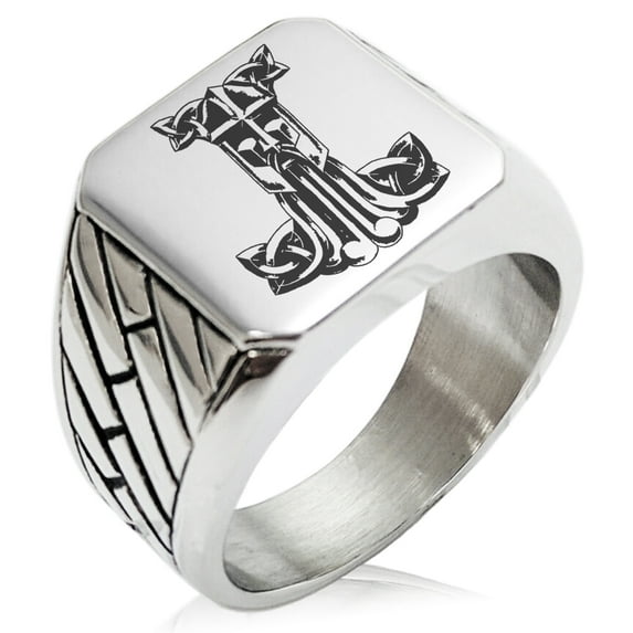 Stainless Steel Thor's Hammer Mjolnir Celtic Viking Rune Geometric Pattern Biker Style Polished Ring