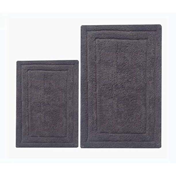 Contemporary Cotton Bath Rug with Anti Skid Latex backing, Gray, Set of