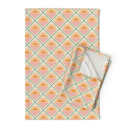 

Printed Tea Towel Linen Cotton Canvas - Sunsets Beach Vacation Warm Pink Diamonds Green Sunset Orange Geometric Sky Print Decorative Kitchen Towel by Spoonflower