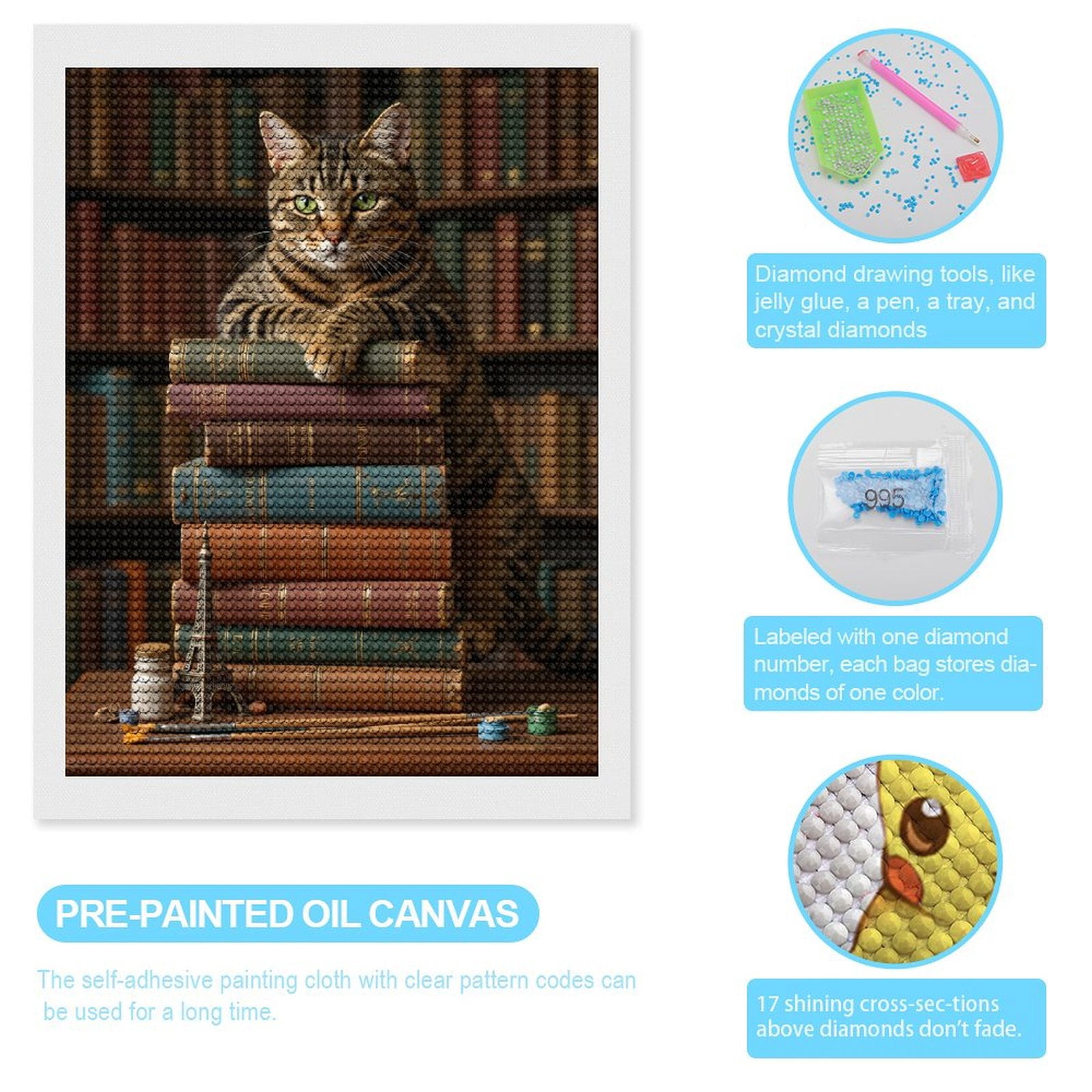 Diamond Art Kits for Adults - Cat Bookshelf Stack Eiffel Model 5d Diamond Painting for Adults, Diamond Art for Adults Beginners, Frameless Diamond Painting Kits for Adults for Home Wall Decor