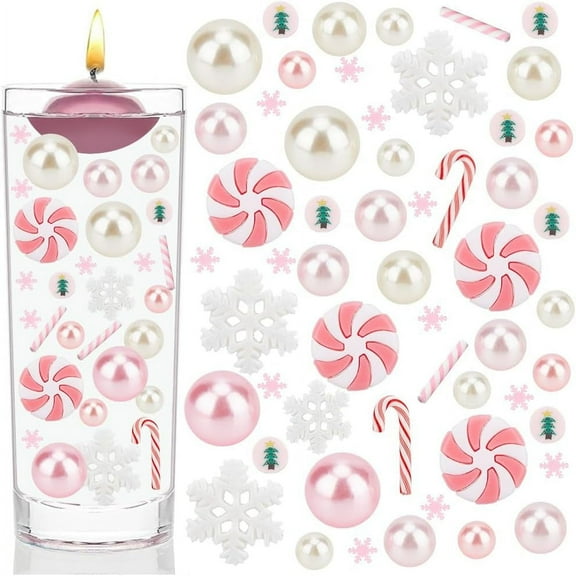 173PCS Christmas Vase Filled with Pearls Pink Candle Filled with Plastic Pearls Candy Canes and Snowflake Polymer Clay and Flat Round Christmas Trees for Vase Christmas Decorations diy Pink