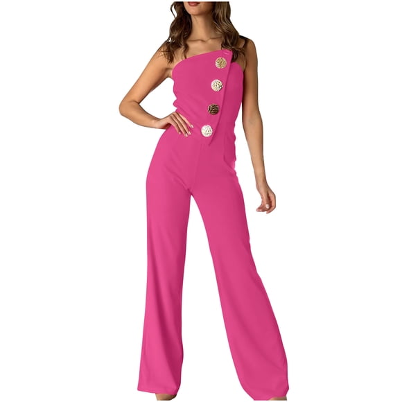 Hvobtty Women Full Length Jumpsuit Pants, Jumps for Women Sleeveless Buttons Solid Color Lace Up Loose Straight Pants Fashion Romper Pants