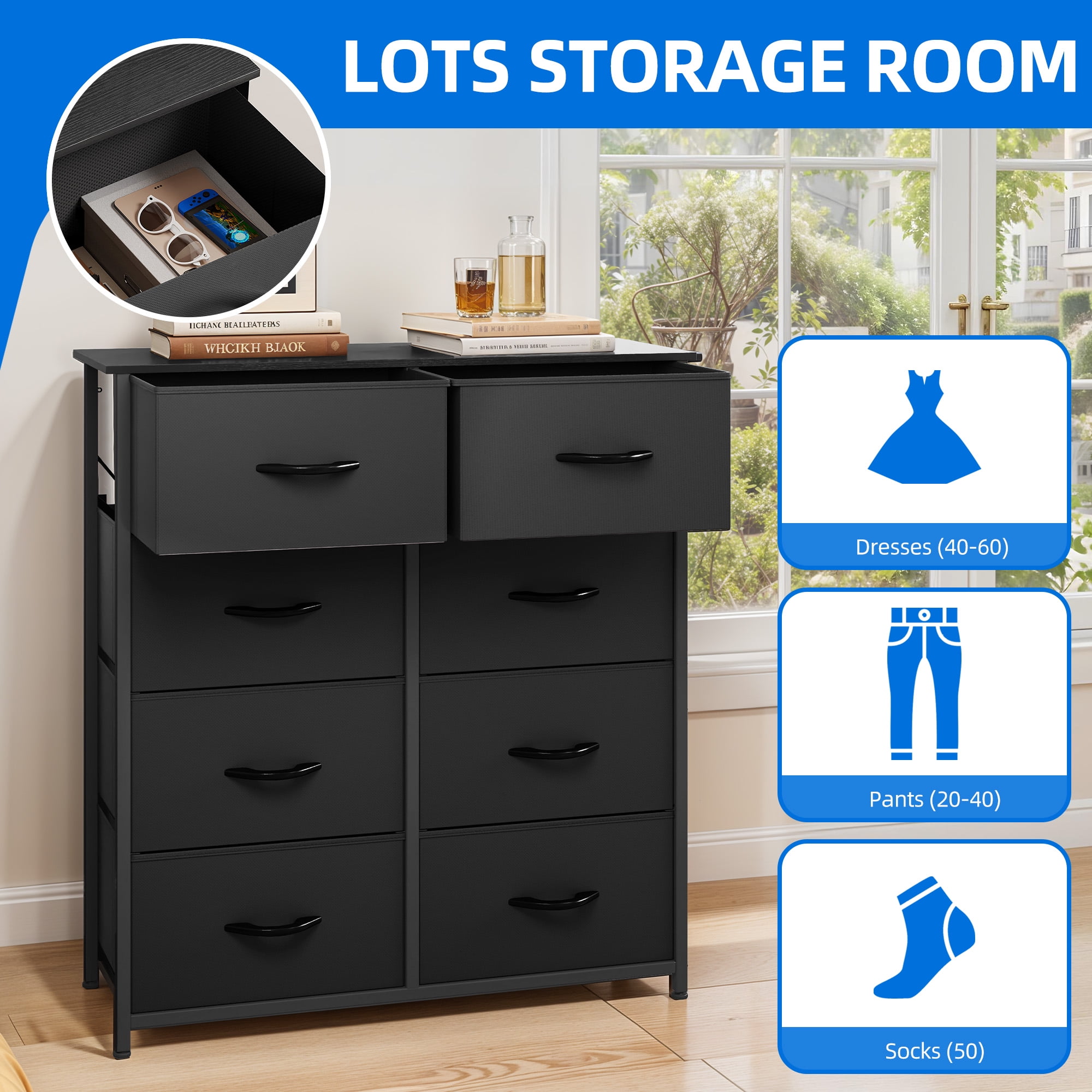 DEXTRUS 8 Drawers Dresser Chest of Drawers for Bedroom Fabric Storage Dressers for Living Room Bedroom for Adult Black