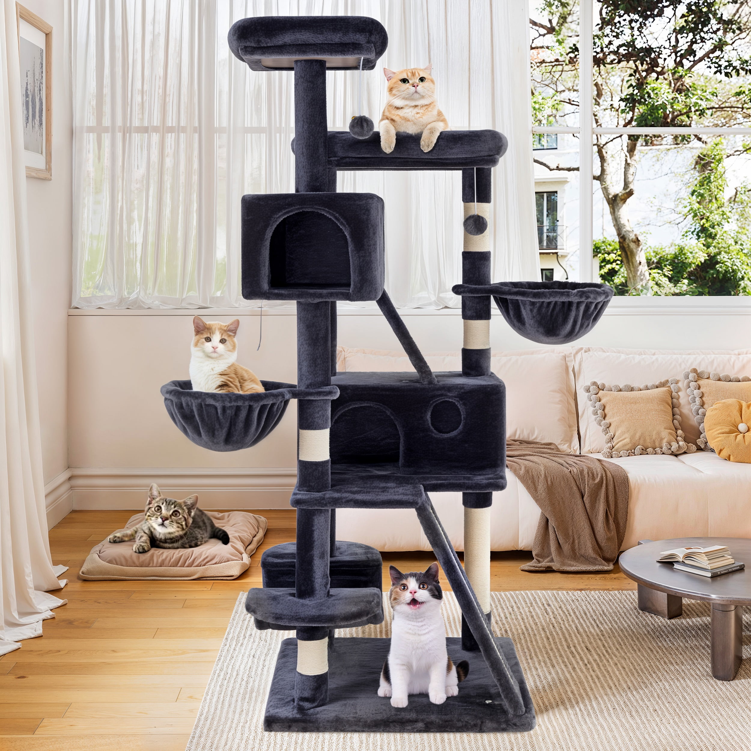 Einfach 65.7" Large Cat Tree and Tower for Cats, Condo House with Hammock, 2 Scratching Boards & 5 Scratching Posts, Dark Blue