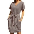 thumbnail image 1 of B91xZ Robes d'Été pour Femmes 2024 Robe Col Rond Manches Courtes Robe Pull avec Poches, Café L, 1 of 2