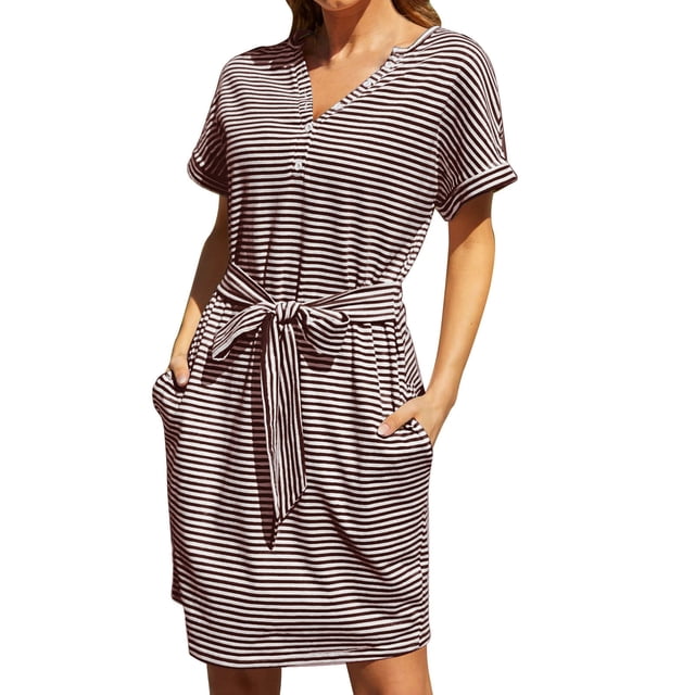 B91xZ Robes d'Été pour Femmes 2024 Robe Col Rond Manches Courtes Robe Pull avec Poches, Café L