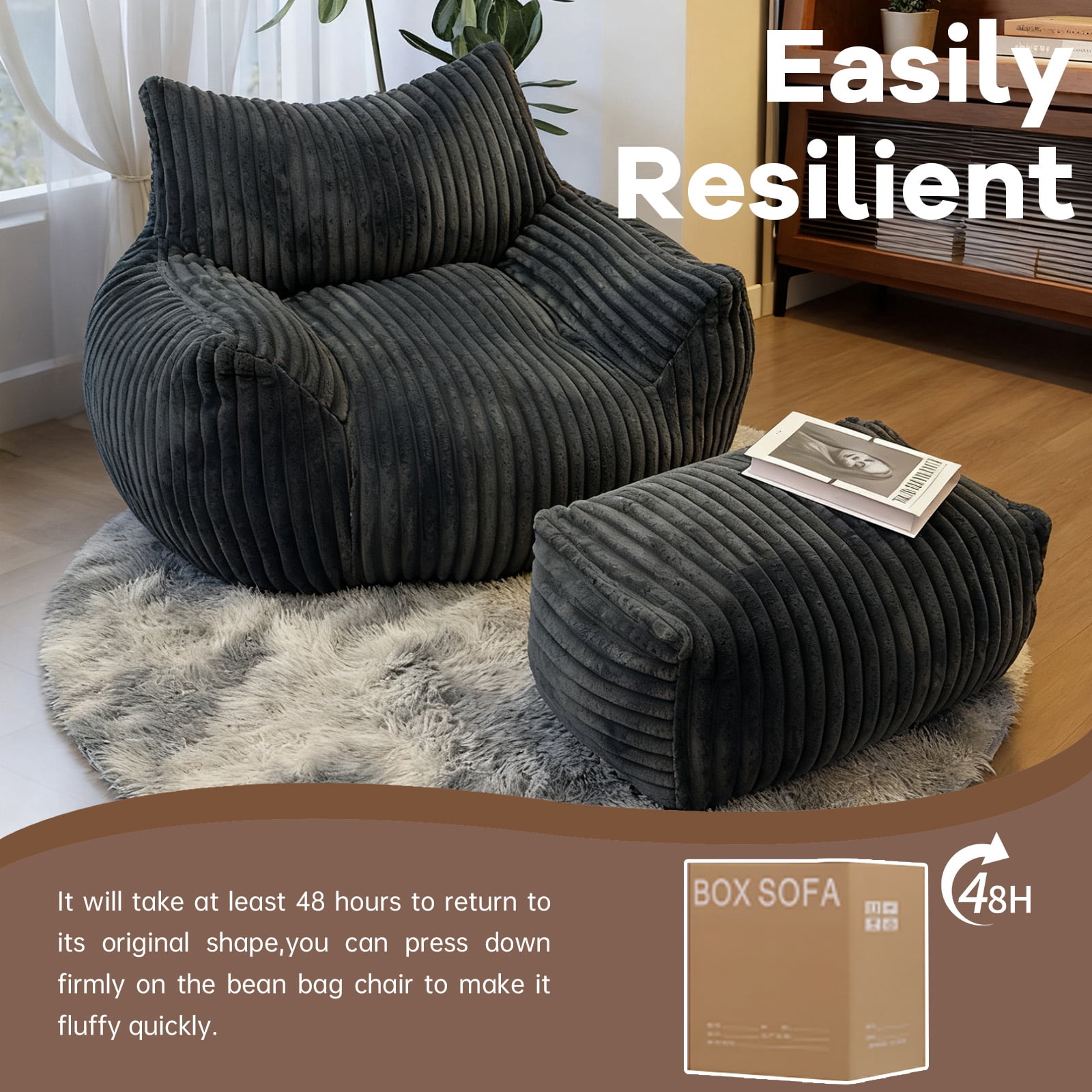 Bean Bag Chairs for Adults Teens with footrest, Cozy Fluffy Single Mini Couch,Large Bean Bag Sofa Chairs with Filling Comfy with Armrests for Reading,Living Room, Bedroom. (Black, with footrest)