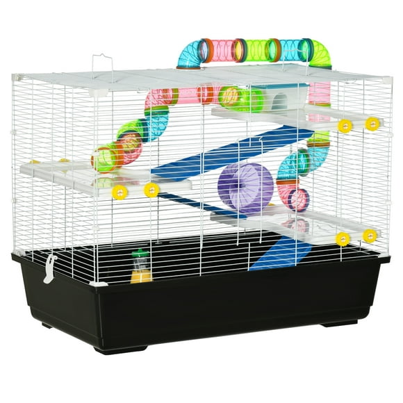 PawHut 31" Large Hamster Cage, Small Animal House, Multi-storey Gerbil Haven, Tunnel Tube System, with Water Bottle, Exercise Wheel, Food Dish, Ramps, Black
