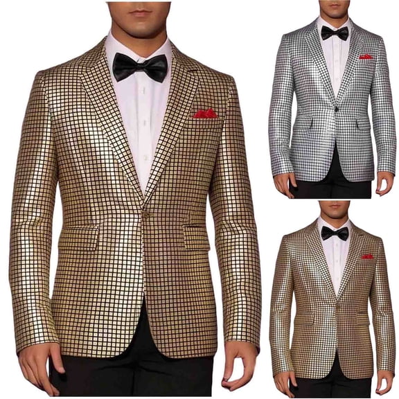 Mens Plaid Blazer Sports Coat Casual Slim Fit Checkered Blazer Jacket with Pocket for Men Wedding Silver