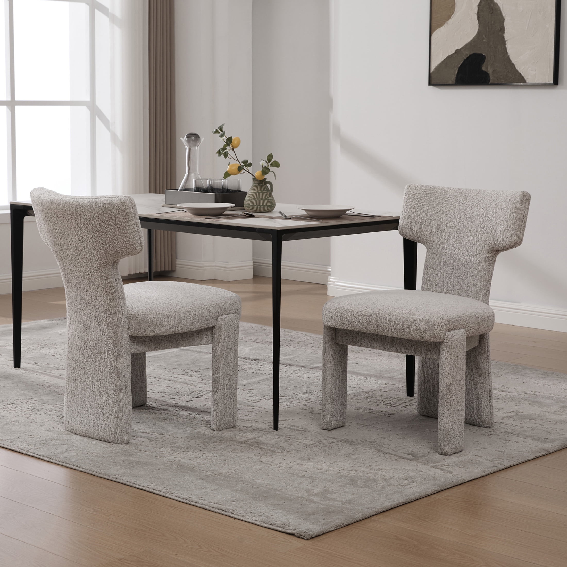 Noble House Morse 22" Chenille Dining Chair Set of 2, Armless Curved Back Accent Chairs with Rubberwood Legs, Beige