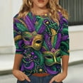 thumbnail image 2 of Mardi Gras Shirts for Women Sparkly Crew Neck Green Graphic Tee 3/4 Sleeve Glitter Gold Tunic Tops Green L, 2 of 5