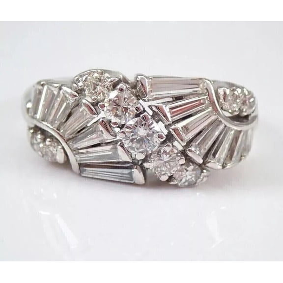 Vintage Five Stone Diamond Engagement Ring, Baguette Diamond Ring, Infinity Wedding Proposal Ring, Half Eternity Diamond Wedding Band, 14K White Gold Plated, 2.3 Ct Simulated Diamond