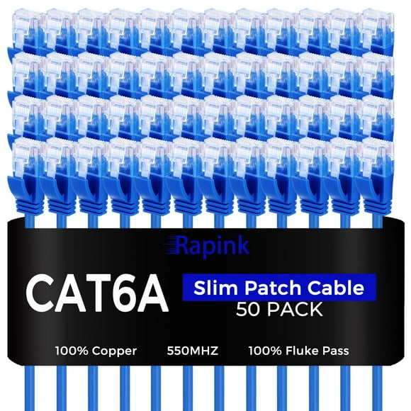 Rapink Patch Cables Cat6a 3ft (50 Pack) Slim, Cat6a Ethernet Patch Cable 10G Support, Snagless Cat 6 Patch Cable for Patch Panel to Switch, Flexiable Cat 6a Ethernet Cable with Gold Plated