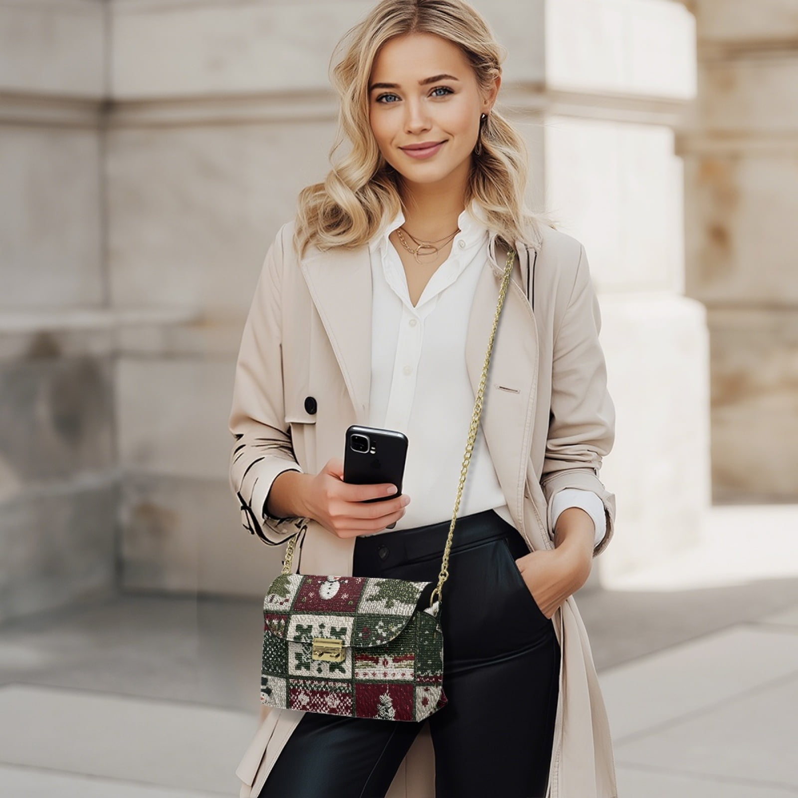 SCRAWLGOD Christmas Plaid Print Green White Red Crossbody Bags for Women Trendy PU Leather Shoulder Handbags Purses for Women with Detachable Chain Strap