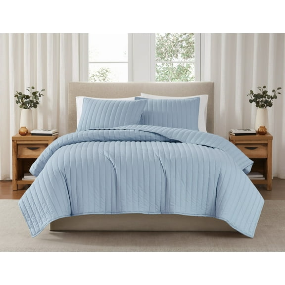 Brooklyn Loom Classic Solid 100% Cotton 200 Thread Count Percale Sky Blue 2-Piece Twin Quilt Set, Solid Casual themed, Adult Bedding, OEKO-TEX Certified