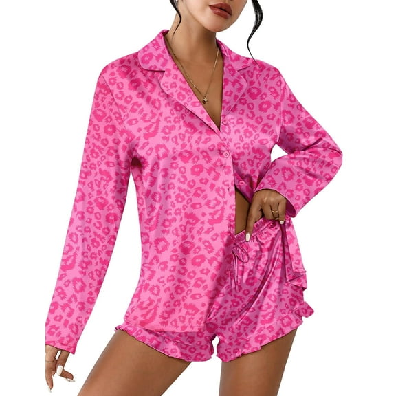 Ekouaer Womens Satin Sleepwear Sets Long Sleeve Top and Shorts Lounge Set Button Down Nightwear Outfits Set